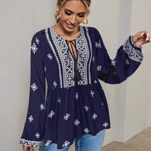 2/$40 Navy Blue Peasant Blouse Long Sleeve Embroidery Print Tassel Top Boho Sz L - Picture 6 of 7